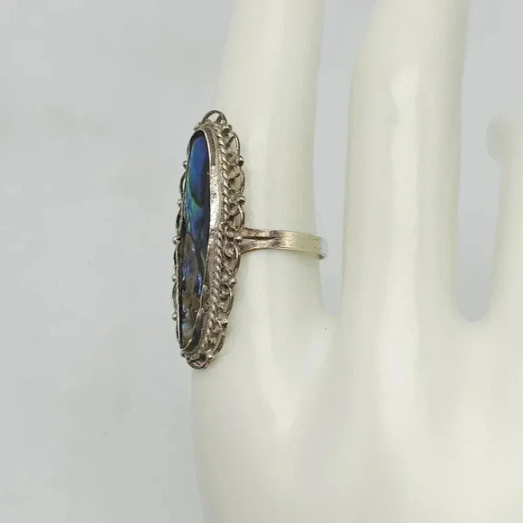 Sterling Silver Abalone Ring Vintage Taxco Mexican 925 Intricate Detailing - Picture 2 of 7